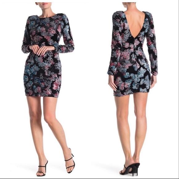 DRESS THE POPULATION Pastel Floral Sequin Black Velvet Backless Mini Dress S - Picture 10 of 10